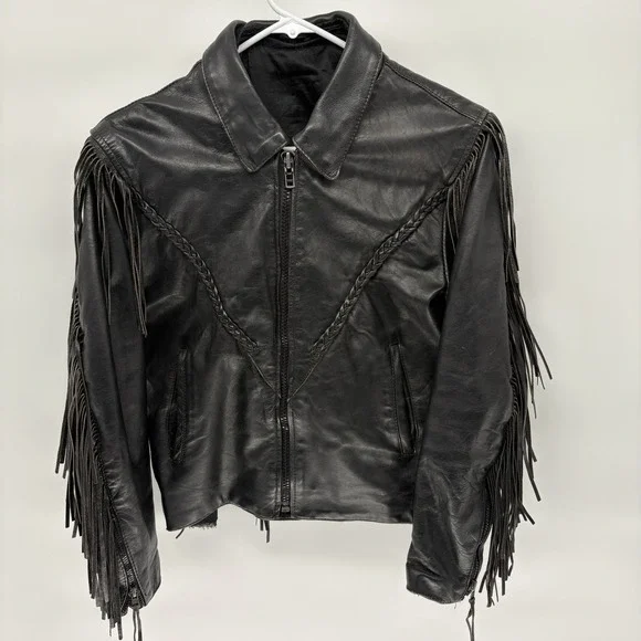 Vintage Western Genuine Leather Jacket Harley Davidson Patch Fringe Lace Women M - Picture 2 of 15